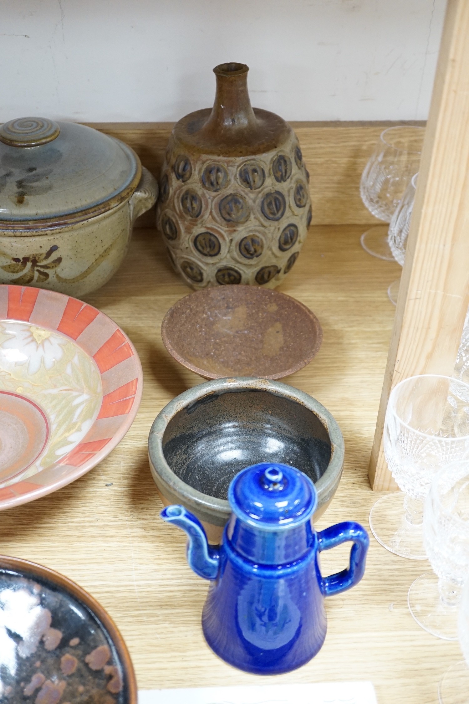A group of studio ceramics, including a Jonathan Chiswell-Jones lustre bowl, two Carter 1954 tiles, a Matt Grimitt pouring bowl etc.